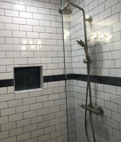 White subway tile charcoal grout shower